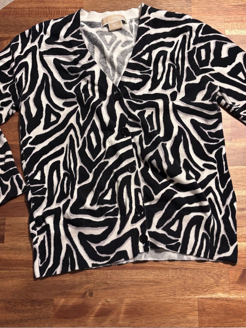 MICHAEL Michael Kors Black & White Zebra Print V-Neck Cardigan (100% Cotton)